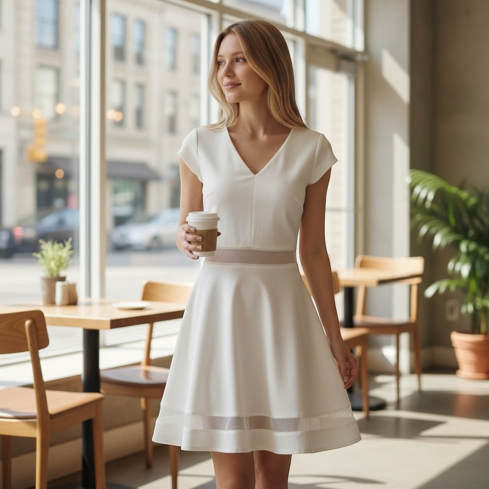 Lulu's White V-Neck Skater Dress with Mesh Waist and Hem Accents Stretch Size 2